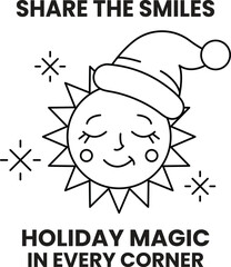 A black and white drawing of a sun with a hat on it