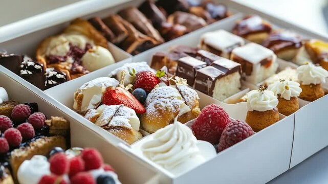 A box filled with various sweet and savory treats, perfect for a bakery display or dessert spread
