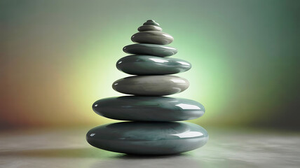 Fototapeta premium Stack of smooth gray stones balanced in perfect equilibrium against a soft green and yellow gradient background