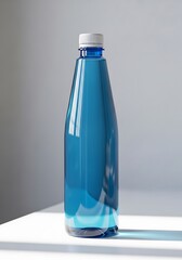 Blue Water Bottle on White Surface with Shadow.