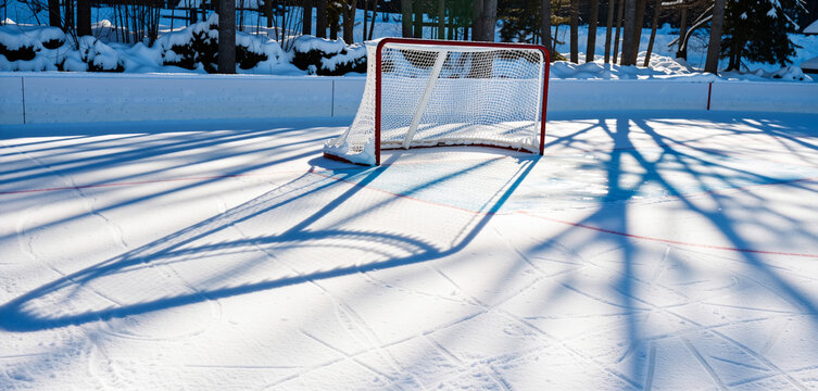 Red hockey net on an outdoor ice rink with long tree shadows