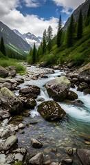 Mountain Stream Serenity - A Clear River Flowing Through Rocky Terrain.