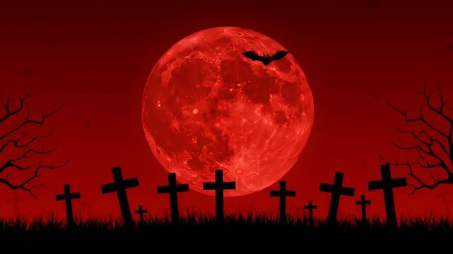 Spooky Halloween Cemetery Bats Red Moon Illustration Scary Background