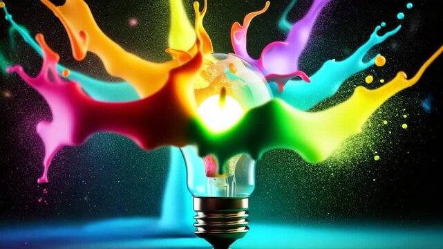 Creative business light bulb explodes with colorful paint