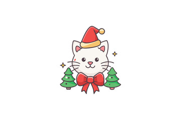 Obraz premium Festive cat with christmas trees and a red bow silhouette