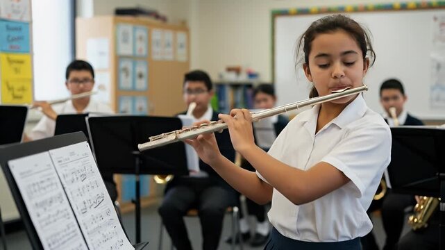 Young Girl Playing Flute in School Music Class With Diverse Students