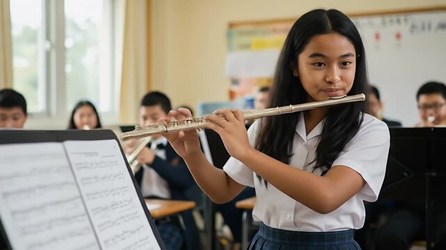 Young Girl Plays Flute In School Band Realistic Video