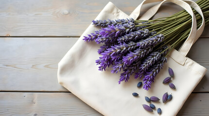 A white tote bag holds a lavender bouquet on a wooden table.