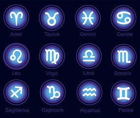A modern vector set of 12 zodiac signs with a luminous blue and white design. Perfect for web, apps, print, and merchandise. Scalable, complete set.