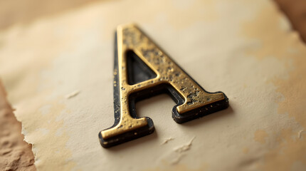A close-up of a gold letter A on aged parchment. Antique letter close up.