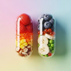 Two capsules filled with fresh fruits and vegetables representing healthy eating a balanced diet and nutritional supplements