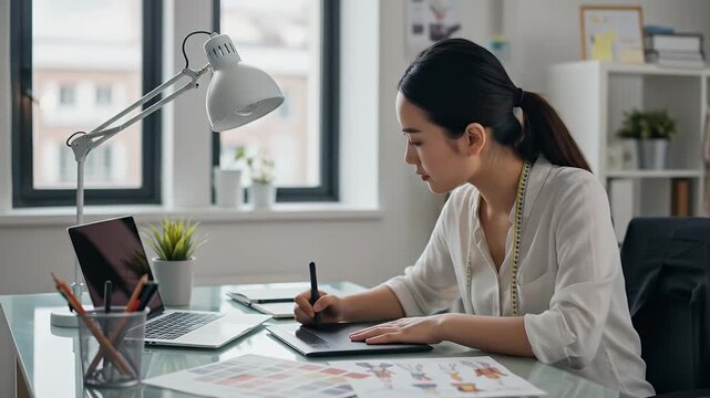 Young Woman Graphic Designer Working on Digital Tablet and Laptop in Bright Office