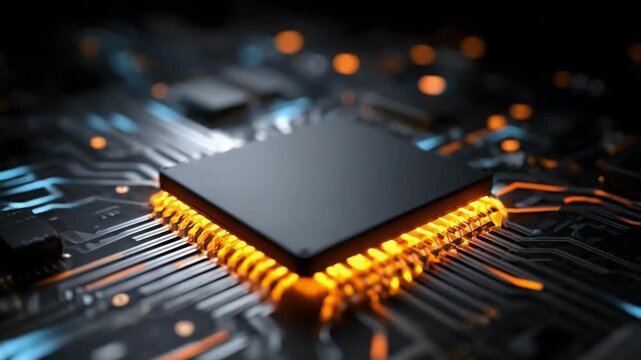 Close-up of a microprocessor on a circuit board with glowing orange pins along its edges.
