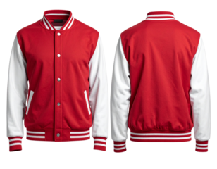  Sporty Red Varsity Jacket with White Sleeves and Snap Buttons Front and Back Mockup Isolated on Transparent Background