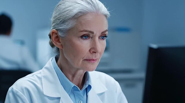 Scientist working on computer in laboratory environment for research.