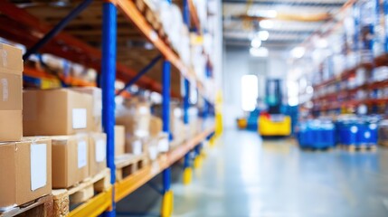 Fototapeta premium warehouse. Industrial warehouse interior with focused shelves, highlighting professional storage solutions. safety posters.