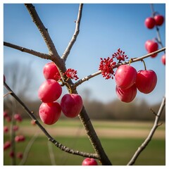 Crabapple Tree Branch with Red Fruit and Blossoms Against a Blue Sky.