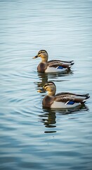 Two Mallard Ducks Swimming Peacefully on Calm Water.