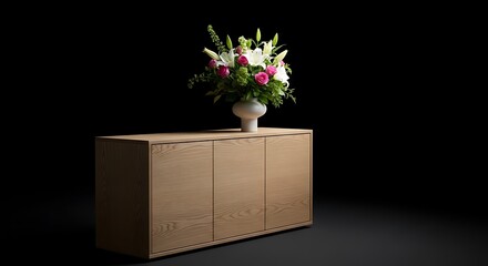 Elegant Floral Arrangement on Modern Cabinet in Dark Studio.
