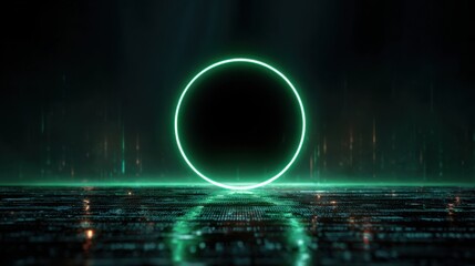 luminous green circle in dark cyberspace,