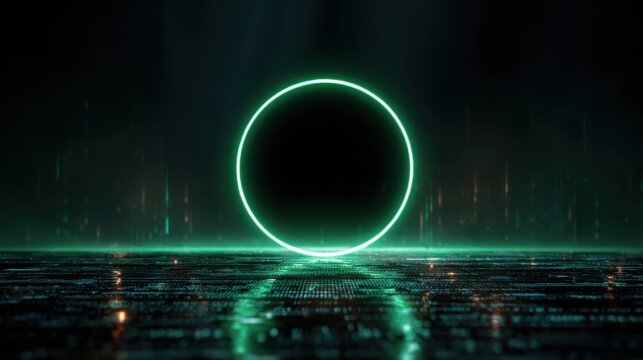 luminous green circle in dark cyberspace, - Powered by Adobe