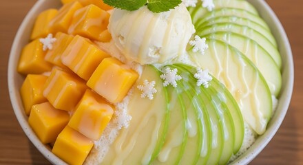 Refreshing Mango and Apple Dessert Bowl with Ice Cream.
