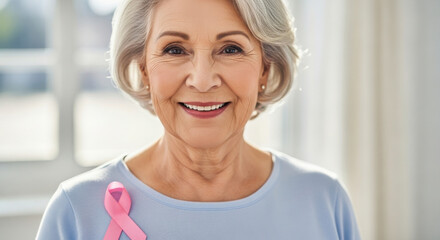 Fototapeta premium Senior Woman Shows Support for Breast Cancer Awareness with Pink Ribbon