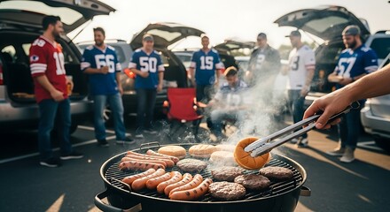 Tailgate party with friends grilling burgers and hotdogs pre-game celebration with food and drinks outdoor gathering