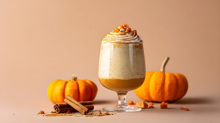 Pumpkin latte with whipped cream and caramelized pumpkin on beige background. Pumpkin latte with whipped cream and caramel on light background