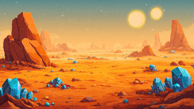 Alien desert planet landscape with rocky ochre terrain, glowing blue crystals, and twin suns in cosmic sky, extra-terrestrial cartoon vector game background