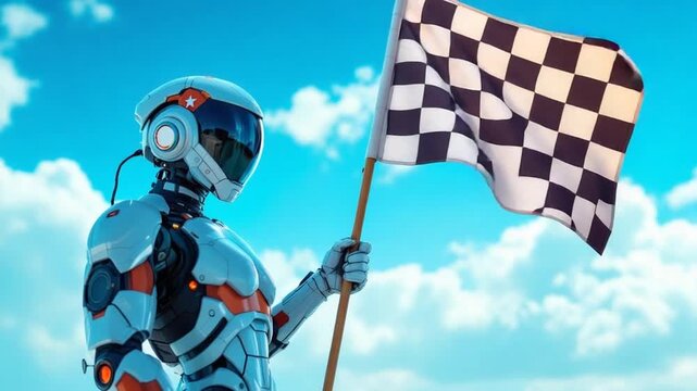Robot Victory - Futuristic Racer Celebrates with Checkered Flag in the Sky.