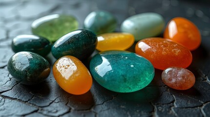 A collection of polished emerald gemstones arranged neatly on a earth