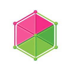 Abstract hexagonal design with pink and green sections and connecting dots