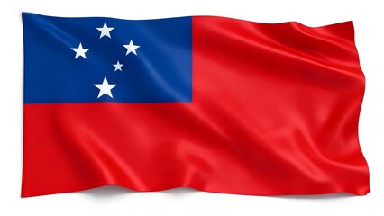 Photorealistic image of the flag of Samoa, with a red field and a blue rectangle containing five white stars in the shape of the Southern Cross. Isolated on a white background.