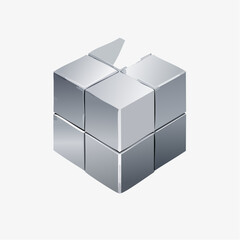 Abstract metallic cube construction with isometric perspective on white background