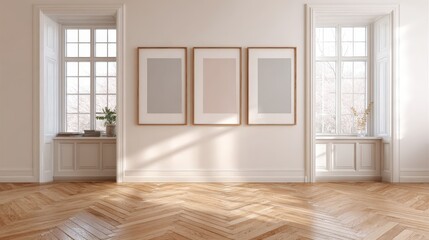 Fototapeta premium Warm sunlight illuminates a spacious, minimalist interior, showcasing three framed artworks above a white wall, with expansive windows framing an outdoor view and herringbone wooden flooring.