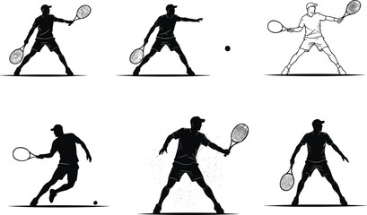 Tennis player silhouette vector, racket swing illustration, black athlete action pose, dynamic sports movement, ball hitting concept, court technique icon