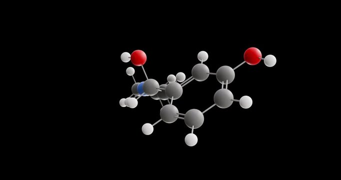 Etilefrine molecule, rotating 3D model of antihypotensive agent, looped video on a black background
