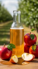 Fresh Apple Cider Bottle with Ripe Apples in Orchard Setting.