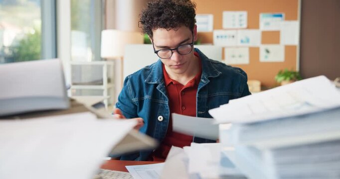 Overwhelmed, pile and man in office with documents, admin crisis or chaos in task management. Stress, busy or employee in workplace with paperwork, pressure or overworked for report deadline.
