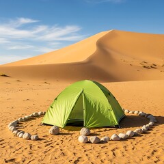 Desert Camping - A Green Tent Surrounded by Rocks in the Sahara.