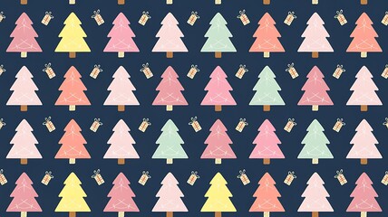 A Festive Repeat Pattern of Christmas Trees and Gifts on a Blue Background