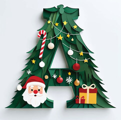 Christmas Tree Letter A with Santa, Gift, Ornaments and Lights on Black Background