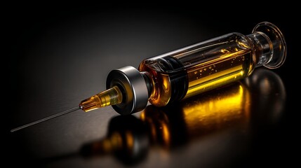 A syringe filled with golden liquid represents the benefits of the pharmaceutical industry.