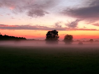beautiful purple and orange sky at the foggy field, foggy field twilights