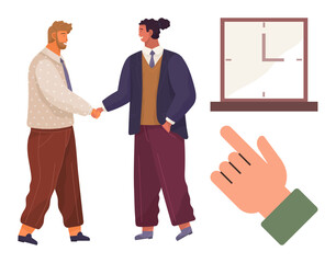 Two people shake hands, emphasizing agreement and collaboration. Includes a clock and pointing hand, reinforcing time, goals, partnership, teamwork, negotiation efficiency and deadlines. Ideal