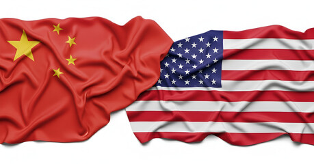 Obraz premium 3D render of the Chinese and American national flags intertwined and overlapping Isolated on a clean white background.