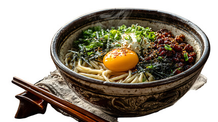 Steaming bowl of delicious udon noodles with raw egg yolk, minced meat, nori, and green onions, perfect for culinary inspiration.