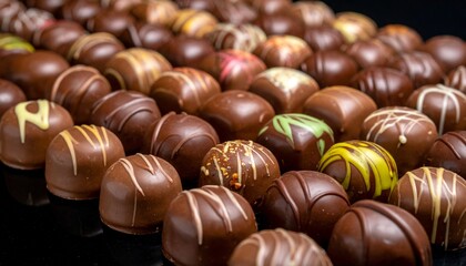 Naklejka premium 高級感あふれる多彩なチョコレートトリュフが並ぶバレンタインクローズアップ写真