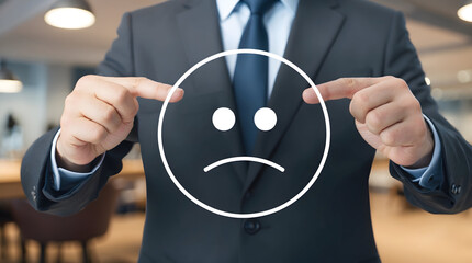 Businessman Holding a Sad Face Icon, Representing Customer Dissatisfaction